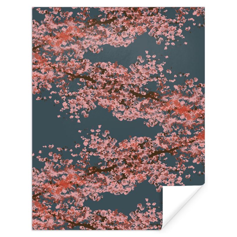 Sheet of Designer Gift Wrap featuring Cherry Blossom design in Dark Slate Blue. Designer luxury paper. Printed to order in the UK by Floccu