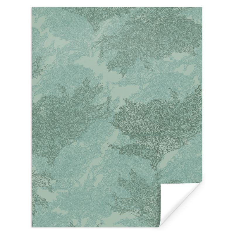 Sheet of Designer Gift Wrap featuring 'Japanese Tree | One' design in Blue-ish green. Designer luxury paper. Printed to order in the UK by Floccu