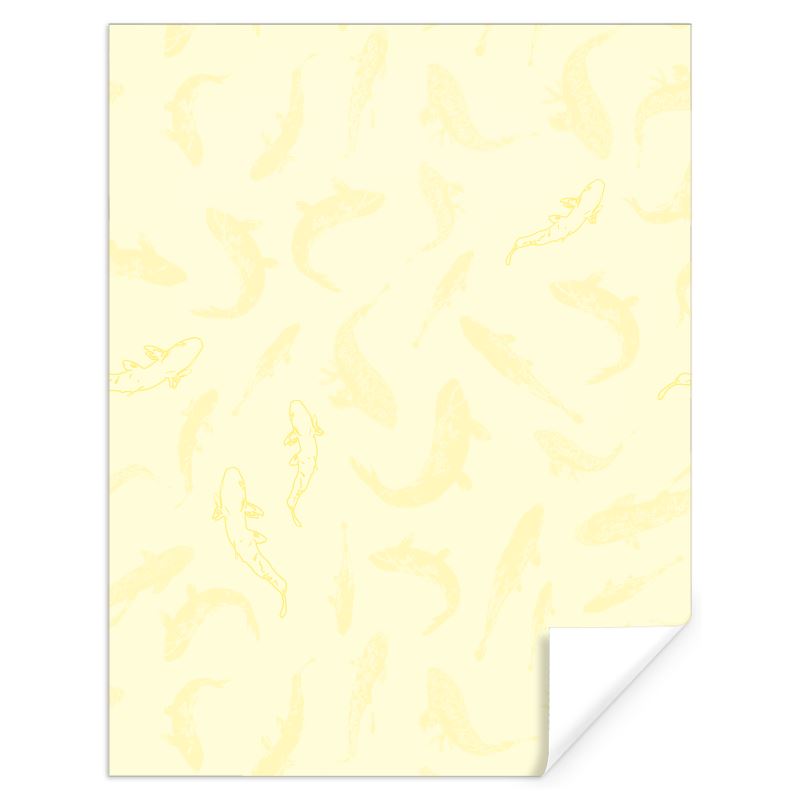Sheet of Designer Gift Wrap featuring Koi fish design in Butter Yellow. Designer luxury paper. Printed to order in the UK by Floccu
