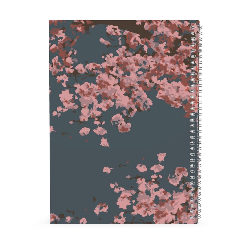 A4 A5 and A6 Spiral Notebook featuring Cherry Blossom Abundant design in Dark Slate Blue. Designer Stationery. Printed to order in the UK by Floccu