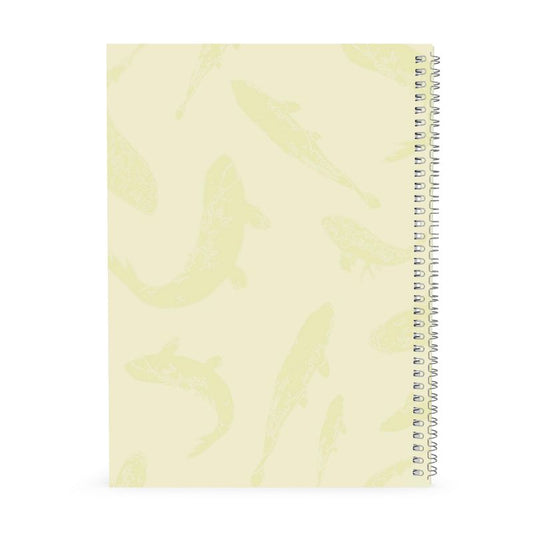 A4 A5 and A6 Spiral Notebook featuring Koi fish design in Butter Yellow. Designer Stationery. Printed to order in the UK by Floccu