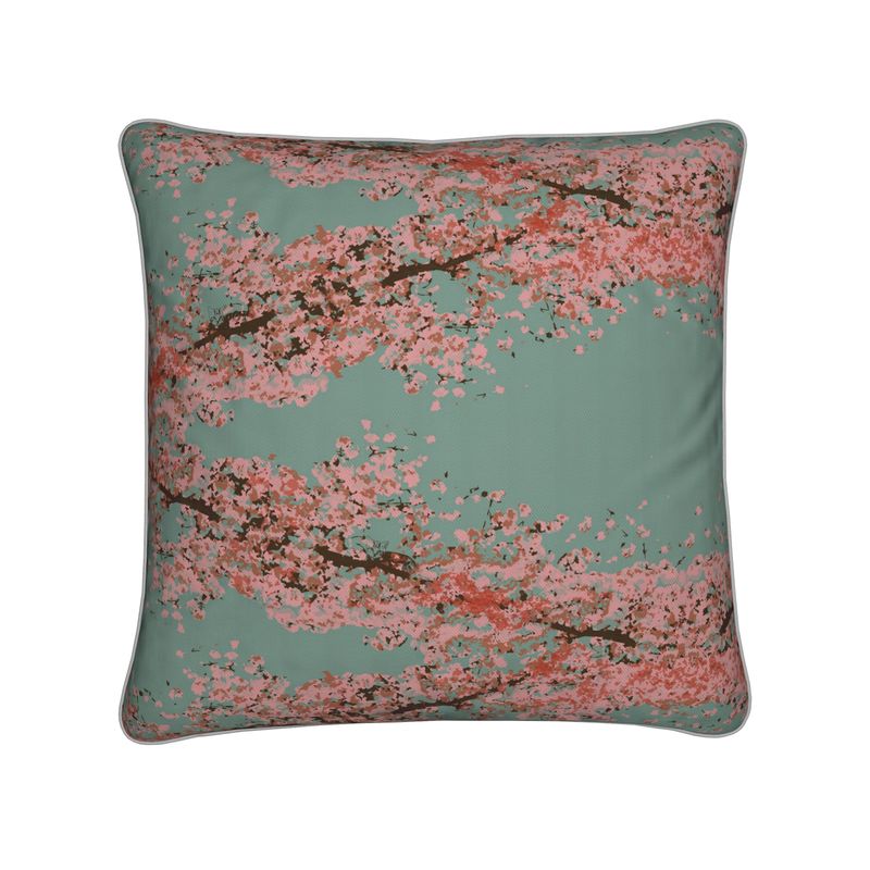 Square Cushion featuring Cherry Blossom design in Ash Teal. Home decor. Printed to order in the UK by Floccu