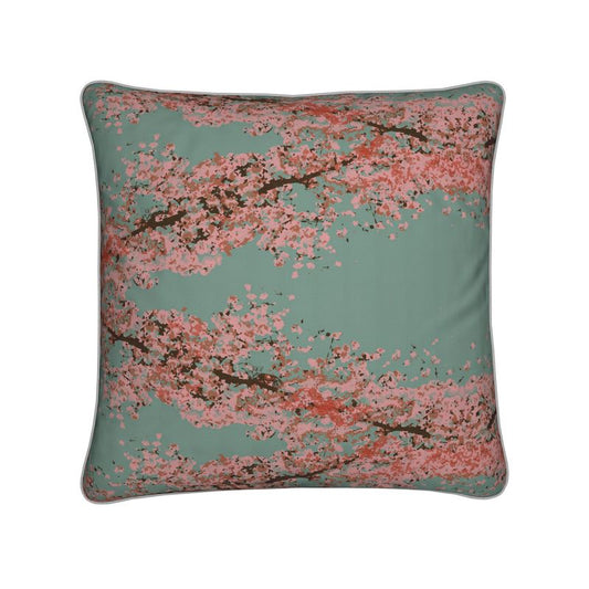 Square Cushion featuring Cherry Blossom design in Ash Teal. Home decor. Printed to order in the UK by Floccu