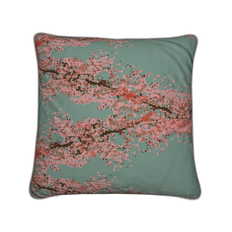 Square Cushion featuring Cherry Blossom design in Ash Teal. Home decor. Printed to order in the UK by Floccu