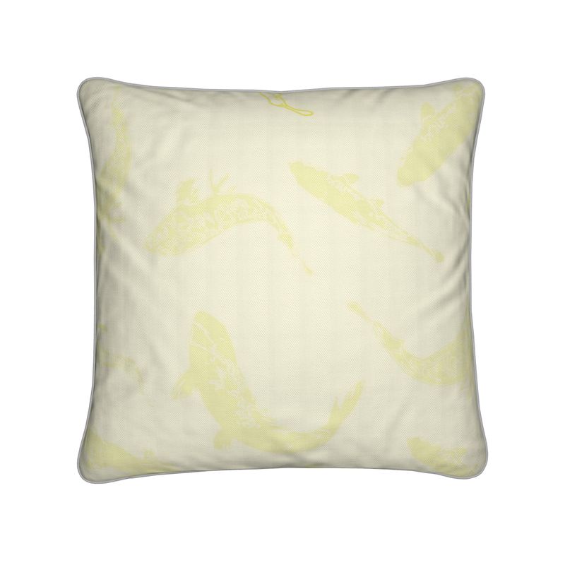 Square Cushion featuring Koi fish design in Butter Yellow. Home decor. Printed to order in the UK by Floccu