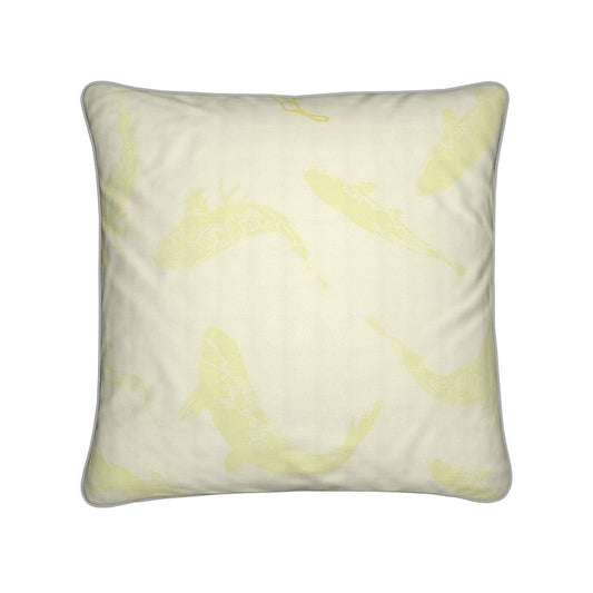 Square Cushion featuring Koi fish design in Butter Yellow. Home decor. Printed to order in the UK by Floccu