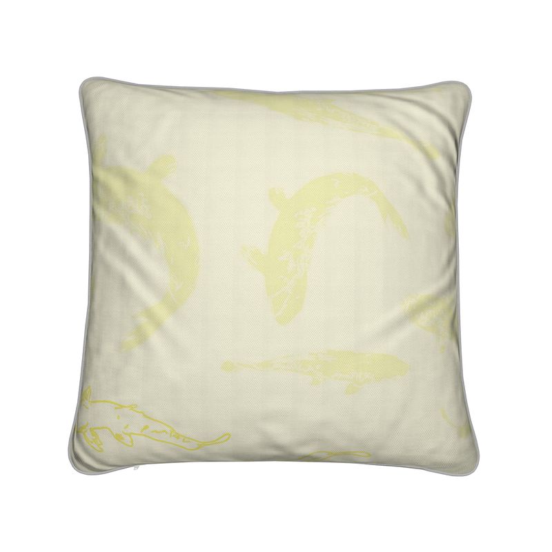 Square Cushion featuring Koi fish design in Butter Yellow. Home decor. Printed to order in the UK by Floccu