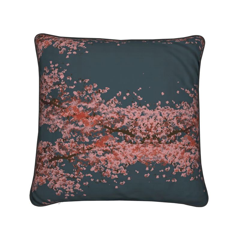 Square Cushion featuring Cherry Blossom design in Dark Slate Blue. Home decor. Printed to order in the UK by Floccu