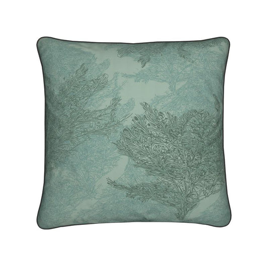 Square Cushion featuring 'Japanese Tree | One' design in Blue-ish green. Home decor. Printed to order in the UK by Floccu