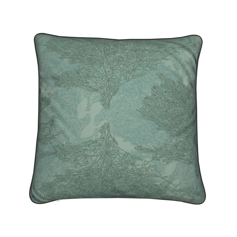 Square Cushion featuring 'Japanese Tree | One' design in Blue-ish green. Home decor. Printed to order in the UK by Floccu