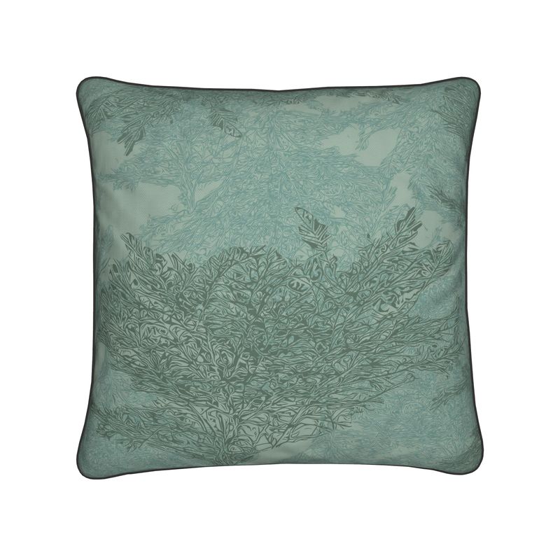 Square Cushion featuring 'Japanese Tree | One' design in Blue-ish green. Home decor. Printed to order in the UK by Floccu