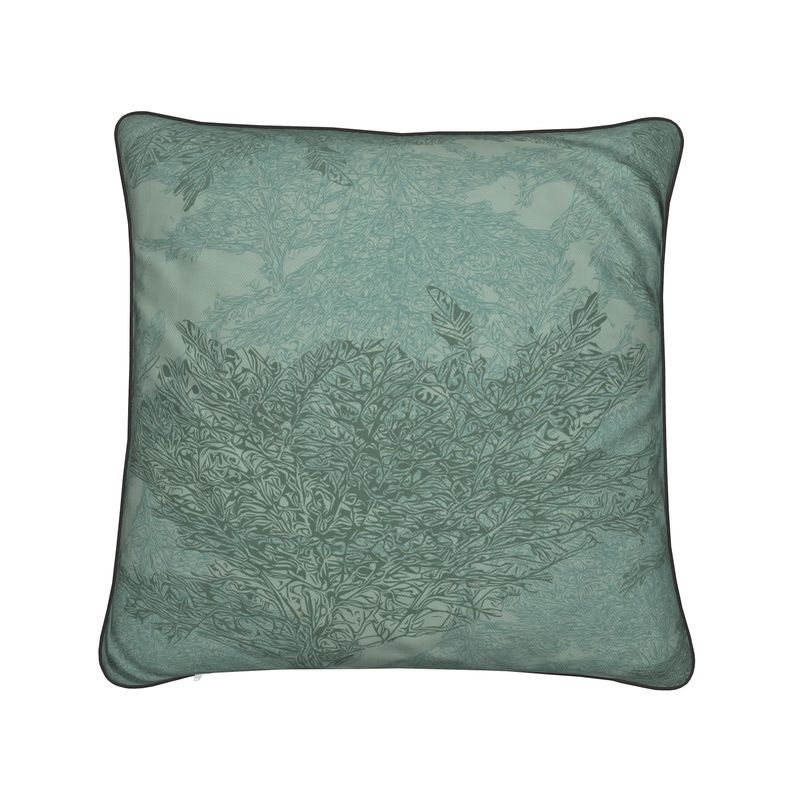 Square Cushion featuring 'Japanese Tree | One' design in Blue-ish green. Home decor. Printed to order in the UK by Floccu