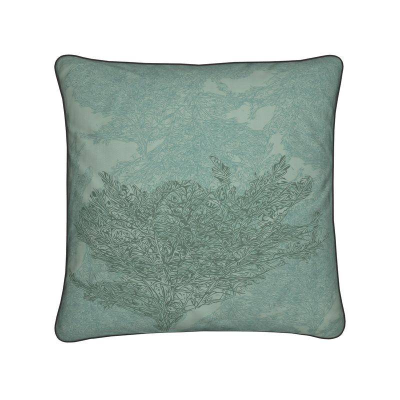 Square Cushion featuring 'Japanese Tree | Two' design in Blue-ish green. Home decor. Printed to order in the UK by Floccu