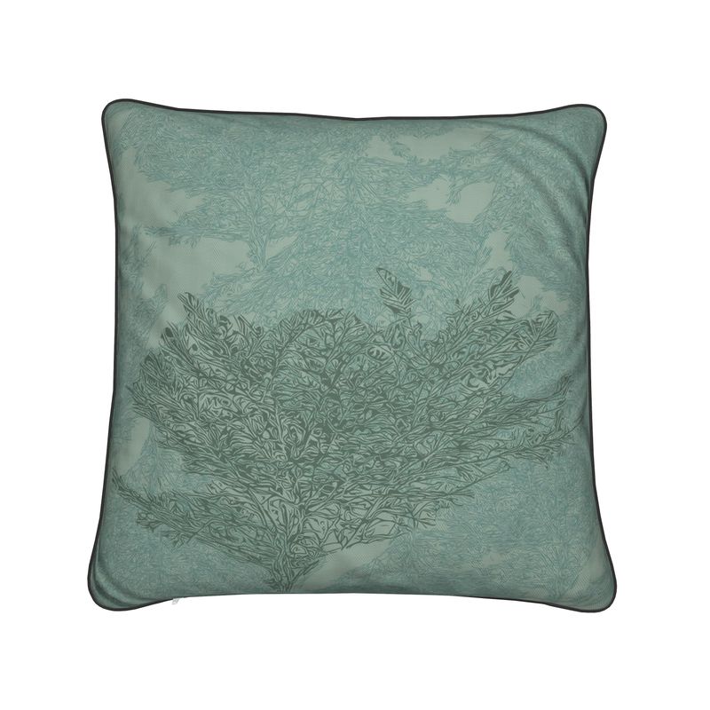 Square Cushion featuring 'Japanese Tree | Two' design in Blue-ish green. Home decor. Printed to order in the UK by Floccu