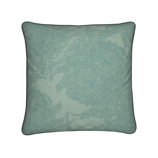 Square Cushion featuring 'Japanese Tree | Three' design in Blue-ish green. Home decor. Printed to order in the UK by Floccu