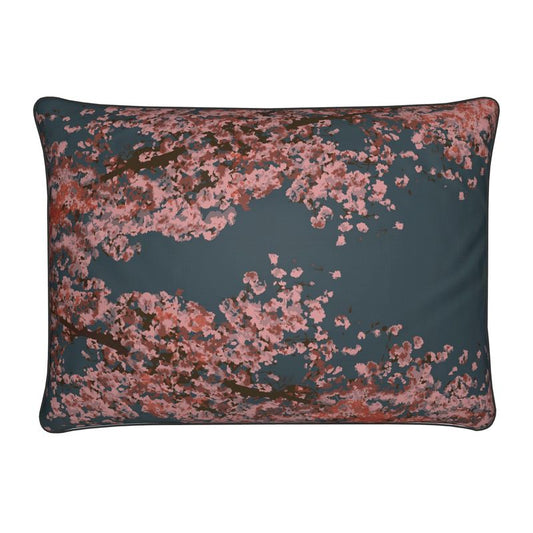 Rectangular Cushion featuring Cherry Blossom design in Dark Slate Blue. Home decor. Printed to order in the UK by Floccu