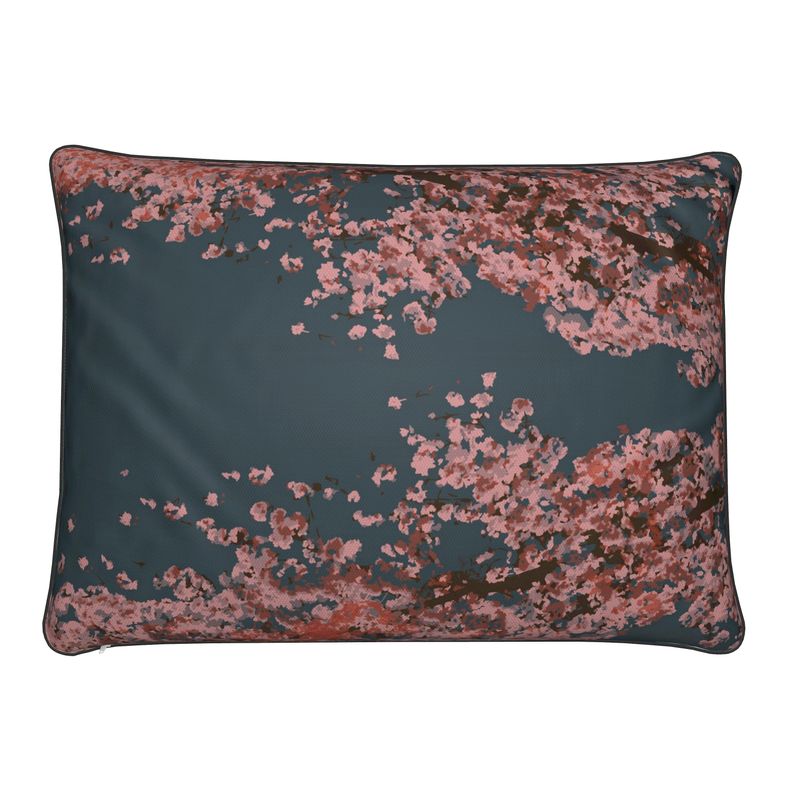 Rectangular Cushion featuring Cherry Blossom design in Dark Slate Blue. Home decor. Printed to order in the UK by Floccu