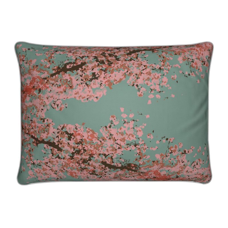 Rectangular Cushion featuring Cherry Blossom design in Ash Teal. Home decor. Printed to order in the UK by Floccu