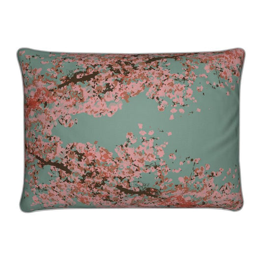 Rectangular Cushion featuring Cherry Blossom design in Ash Teal. Home decor. Printed to order in the UK by Floccu