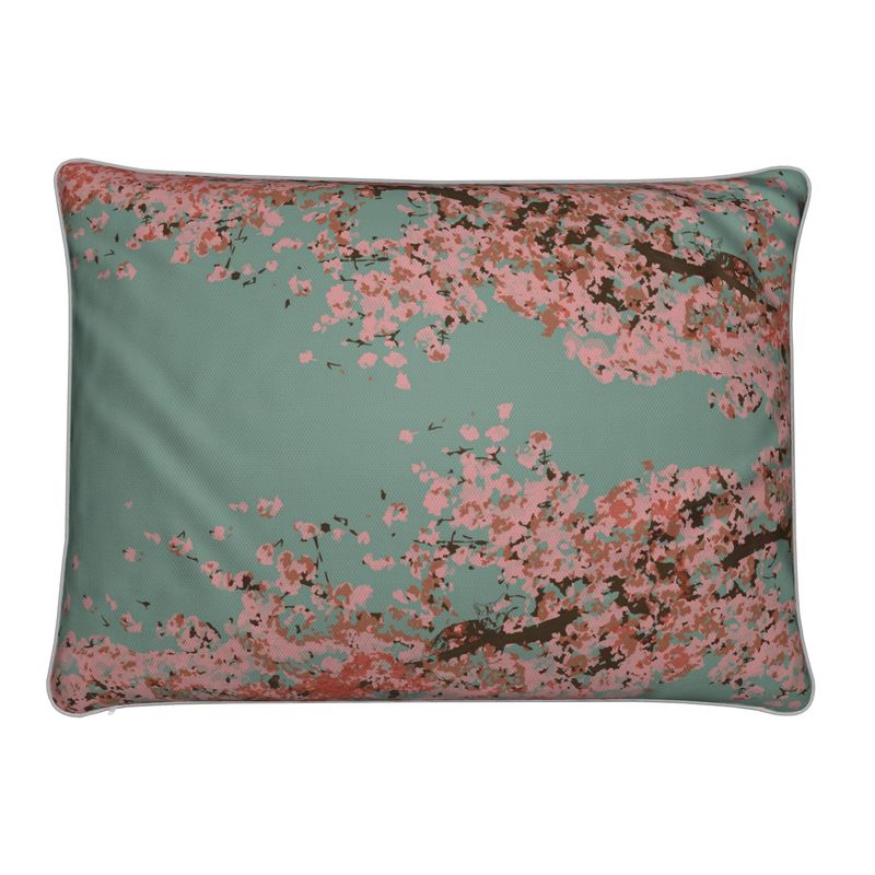 Rectangular Cushion featuring Cherry Blossom design in Ash Teal. Home decor. Printed to order in the UK by Floccu