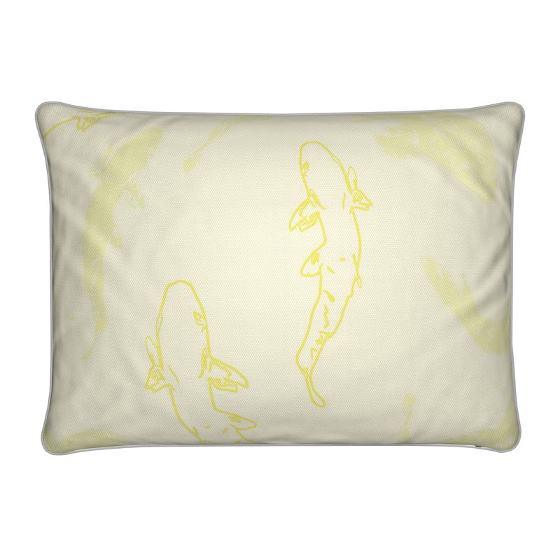 Rectangular Cushion featuring Koi fish design in Butter Yellow. Home decor. Printed to order in the UK by Floccu