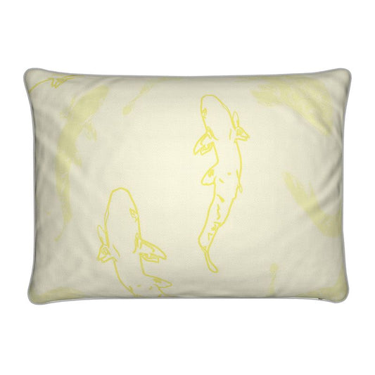 Rectangular Cushion featuring Koi fish design in Butter Yellow. Home decor. Printed to order in the UK by Floccu