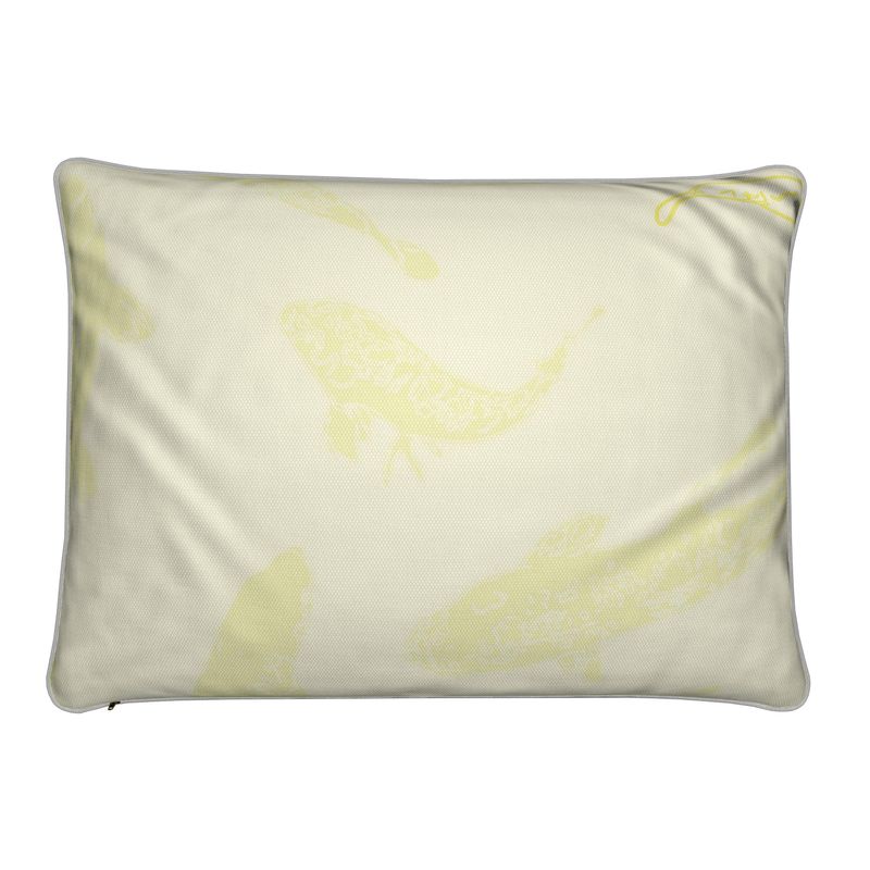 Rectangular Cushion featuring Koi fish design in Butter Yellow. Home decor. Printed to order in the UK by Floccu