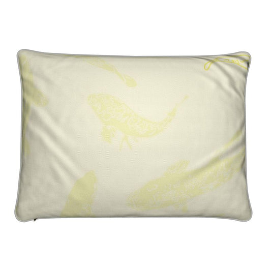 Rectangular Cushion featuring Koi fish design in Butter Yellow. Home decor. Printed to order in the UK by Floccu