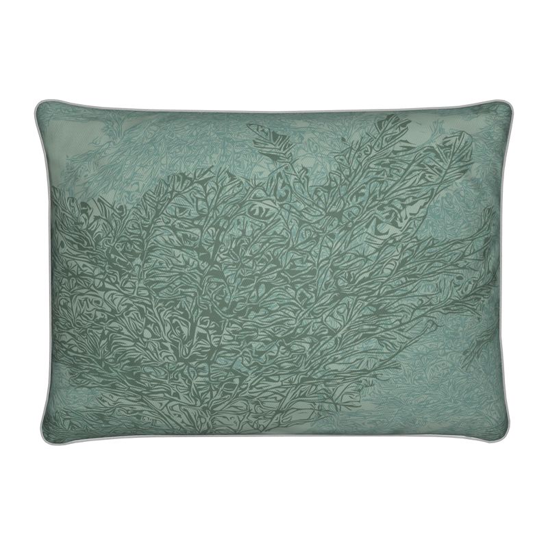 Rectangular Cushion featuring 'Japanese Tree | One' design in Blue-ish green. Home decor. Printed to order in the UK by Floccu