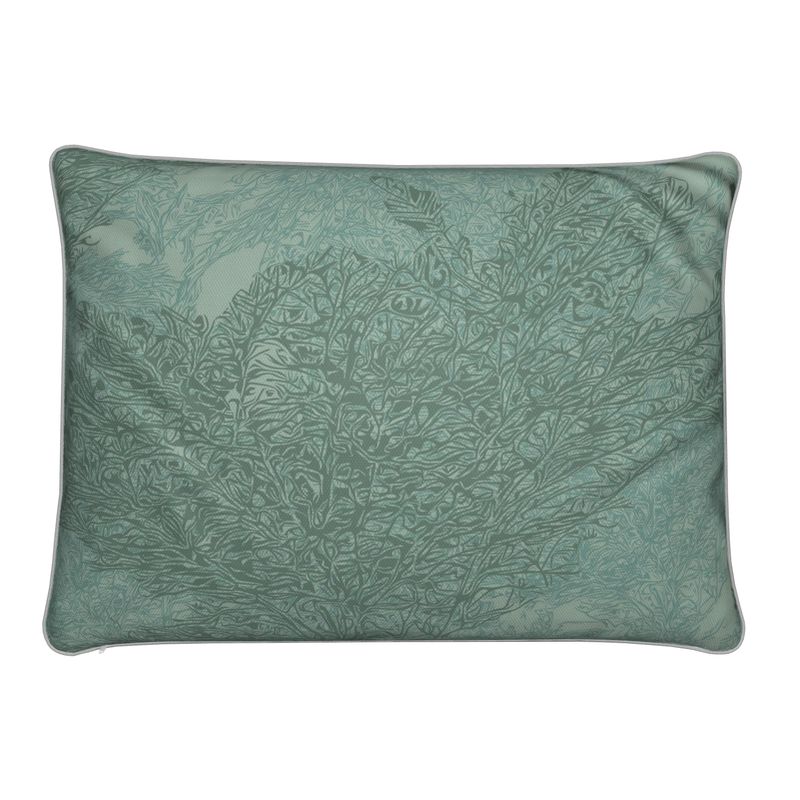 Rectangular Cushion featuring 'Japanese Tree | One' design in Blue-ish green. Home decor. Printed to order in the UK by Floccu