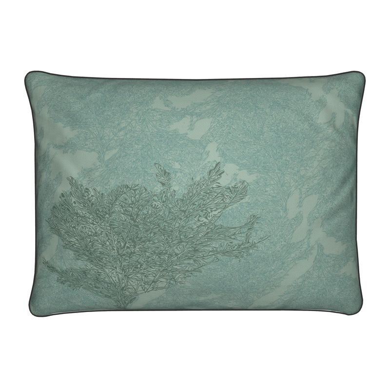 Rectangular Cushion featuring 'Japanese Tree | Two' design in Blue-ish green. Home decor. Printed to order in the UK by Floccu