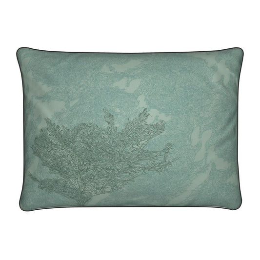 Rectangular Cushion featuring 'Japanese Tree | Two' design in Blue-ish green. Home decor. Printed to order in the UK by Floccu