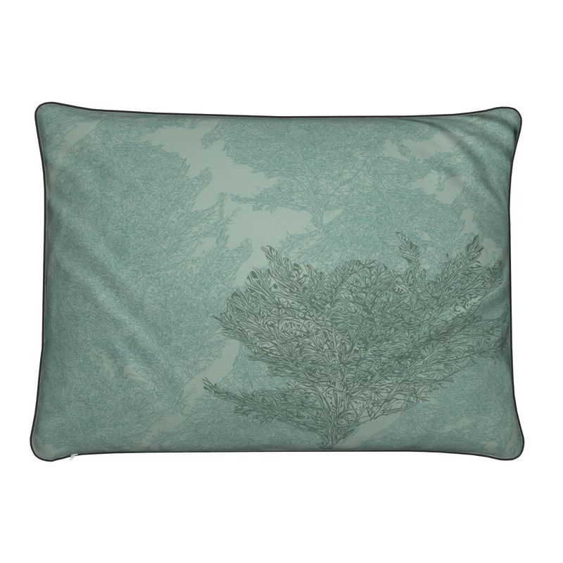 Rectangular Cushion featuring 'Japanese Tree | Two' design in Blue-ish green. Home decor. Printed to order in the UK by Floccu