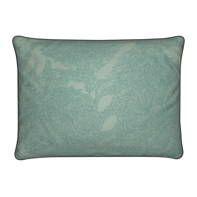 Rectangular Cushion featuring 'Japanese Tree | Three' design in Blue-ish green. Home decor. Printed to order in the UK by Floccu