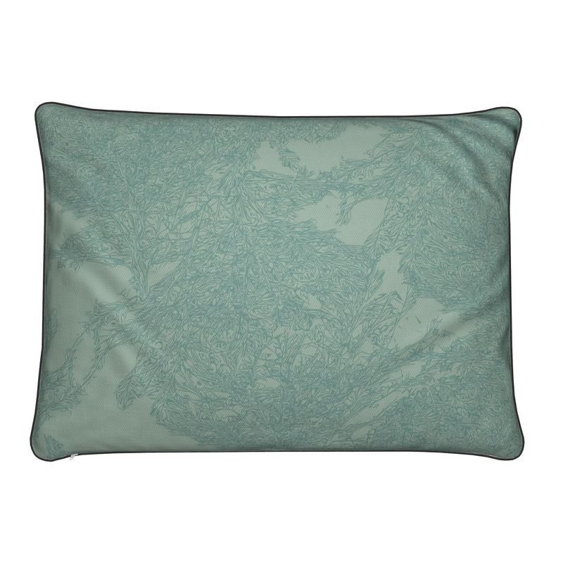 Rectangular Cushion featuring 'Japanese Tree | Three' design in Blue-ish green. Home decor. Printed to order in the UK by Floccu