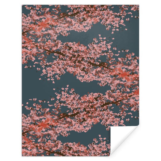 Sheet of Designer Gift Wrap featuring Cherry Blossom design in Dark Slate Blue. Designer luxury paper. Printed to order in the UK by Floccu