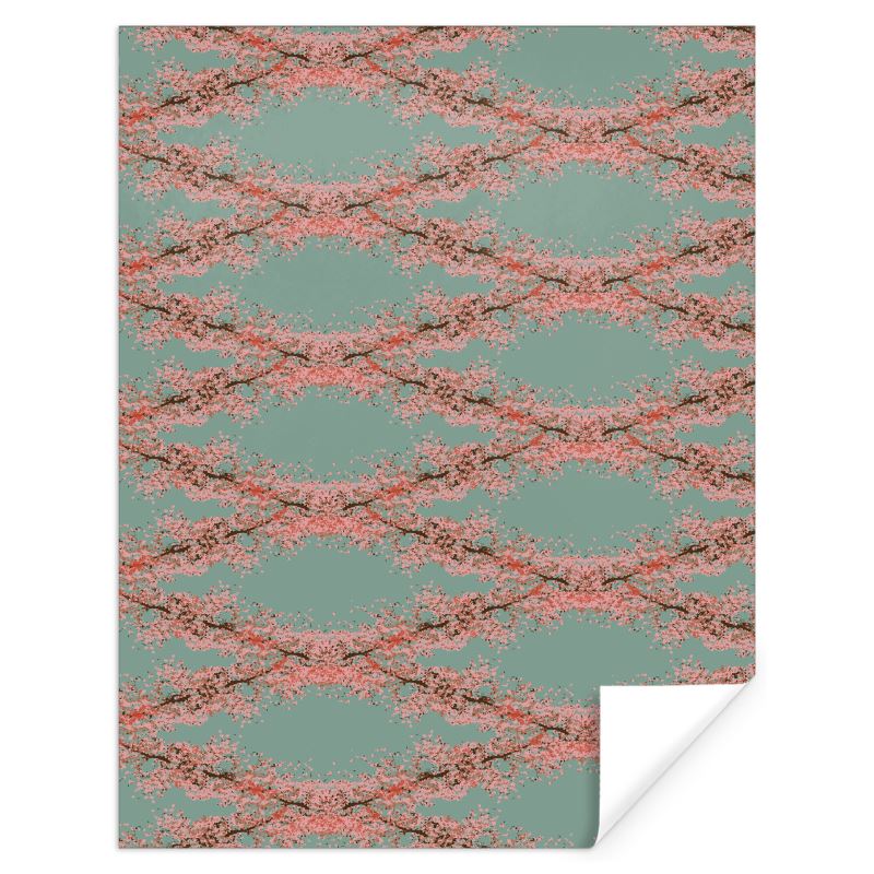 Sheet of Designer Gift Wrap featuring Cherry Blossom design in Ash Teal. Designer luxury paper. Printed to order in the UK by Floccu