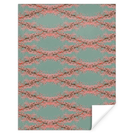 Sheet of Designer Gift Wrap featuring Cherry Blossom design in Ash Teal. Designer luxury paper. Printed to order in the UK by Floccu