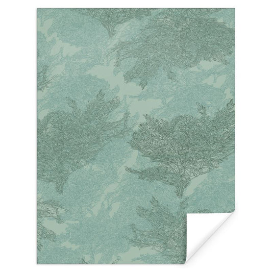 Sheet of Designer Gift Wrap featuring 'Japanese Tree | One' design in Blue-ish green. Designer luxury paper. Printed to order in the UK by Floccu