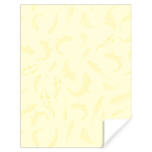 Sheet of Designer Gift Wrap featuring Koi fish design in Butter Yellow. Designer luxury paper. Printed to order in the UK by Floccu