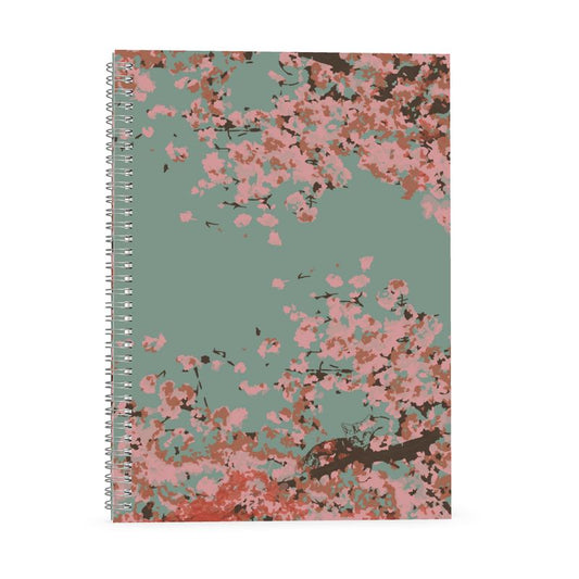 A4 A5 and A6 Spiral Notebook featuring Cherry Blossom design in Ash Teal. Designer Stationery. Printed to order in the UK by Floccu