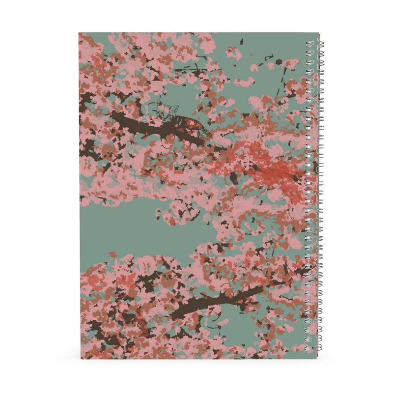 A4 A5 and A6 Spiral Notebook featuring Cherry Blossom design in Ash Teal. Designer Stationery. Printed to order in the UK by Floccu