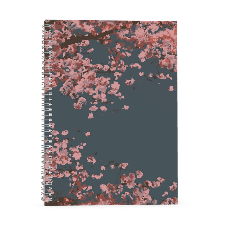 A4 A5 and A6 Spiral Notebook featuring Cherry Blossom Abundant design in Dark Slate Blue. Designer Stationery. Printed to order in the UK by Floccu