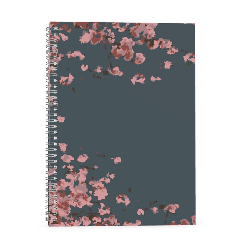 A4 A5 and A6 Spiral Notebook featuring Cherry Blossom Minimal design in Dark Slate Blue. Designer Stationery. Printed to order in the UK by Floccu