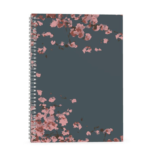 A4 A5 and A6 Spiral Notebook featuring Cherry Blossom Minimal design in Dark Slate Blue. Designer Stationery. Printed to order in the UK by Floccu