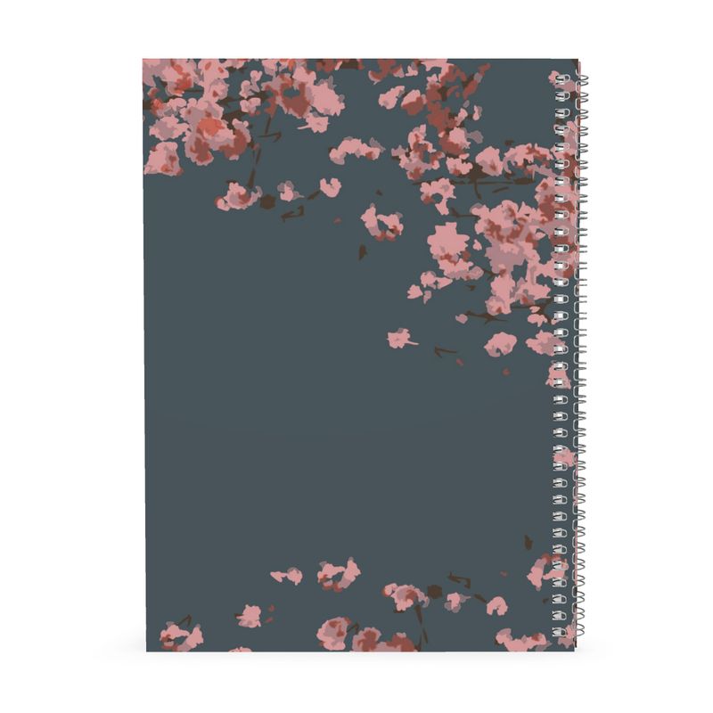 A4 A5 and A6 Spiral Notebook featuring Cherry Blossom Minimal design in Dark Slate Blue. Designer Stationery. Printed to order in the UK by Floccu