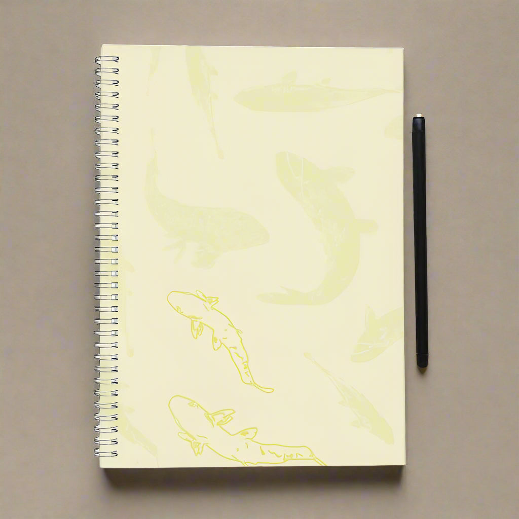 A4 A5 and A6 Spiral Notebook featuring Koi fish design in Butter Yellow. Designer Stationery. Printed to order in the UK by Floccu