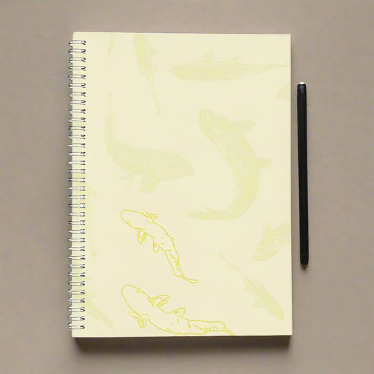 A4 A5 and A6 Spiral Notebook featuring Koi fish design in Butter Yellow. Designer Stationery. Printed to order in the UK by Floccu