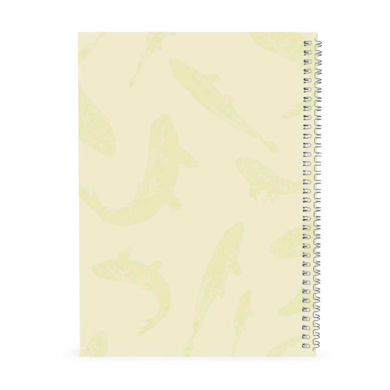 A4 A5 and A6 Spiral Notebook featuring Koi fish design in Butter Yellow. Designer Stationery. Printed to order in the UK by Floccu