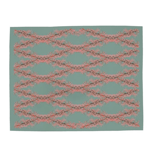 Large Wrap Scarf featuring Cherry Blossom design in Ash Teal. Silks polyester. Printed to order in the UK by Floccu